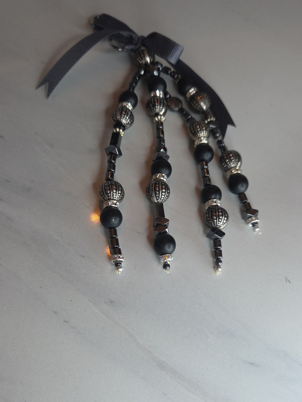 Black Beaded Tassel Bag Charm with Silver